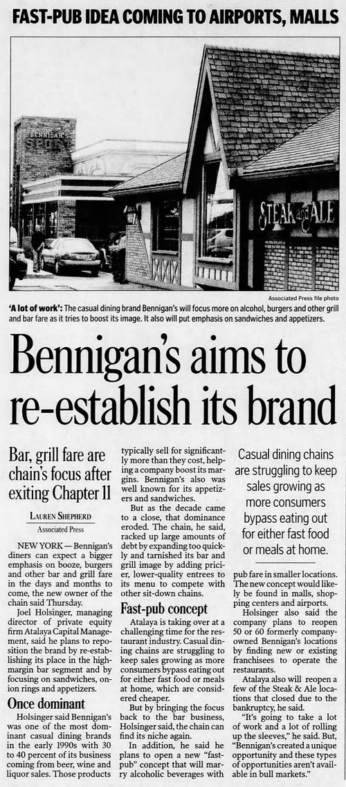Bennigans - Oct 24 2008 Article On Comeback Plans